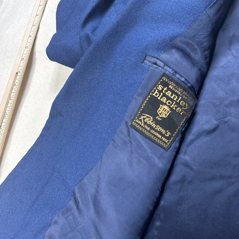 Stanley Blacker Blazer Mens 36L Navy Blue Gold Metal Buttons Red Lining